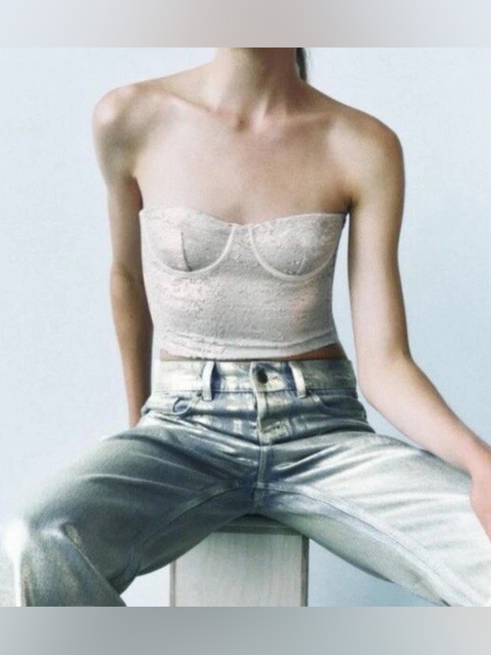 Zara Sequin Strapless Bustier Crop Top in Cream